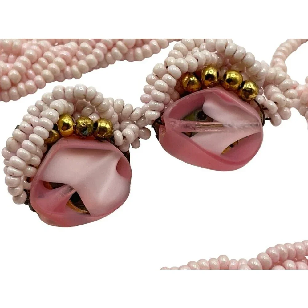 VTG Pink Seed Bead Milk‎ Glass Multi Strand Braided Tassel Necklace Earring Set